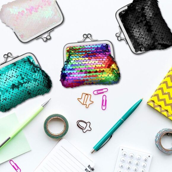 New Hot Pink Sequin Coin Purse Reversible Sequins Mini Wallets Magic Flip Sequin - Picture 3 of 7